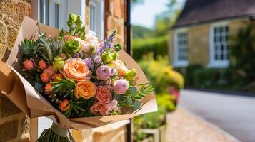 blomma affär leverans och Semester gåva post service, skön bukett av blommor på en hus tröskel i de landsbygden, generativ ai foto