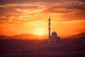 Foto solnedgång över öken- med muslim moské i de förgrund, muslim, arabiska, islam, ramadan, eid fira, muslim Semester. generativ ai