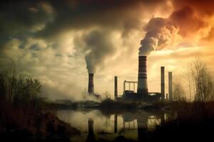 industri metallurgisk växt gryning rök smog utsläpp dålig ekologi antenn fotografi. generativ ai foto
