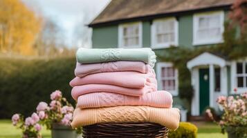 tvätt, hushållning och hemmakt, stack av rena och vikta stickat kläder i de Land hus trädgård, generativ ai foto
