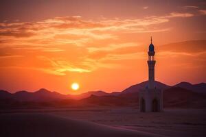 Foto solnedgång över öken- med muslim moské i de förgrund, muslim, arabiska, islam, ramadan, eid fira, muslim Semester. generativ ai