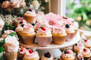 cupcakes, kakor, scones och muffins och Semester dekoration utomhus på de engelsk Land stil trädgård, ljuv desserter för bröllop, födelsedag eller fest firande, generativ ai foto