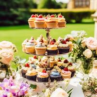 cupcakes, kakor, scones och muffins och Semester dekoration utomhus på de engelsk Land stil trädgård, ljuv desserter för bröllop, födelsedag eller fest firande, generativ ai foto