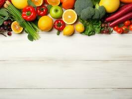 urval av färsk frukt och grönsaker på en vit trä- tabell - topp se foto