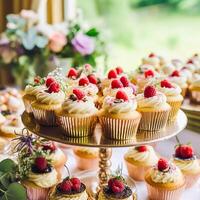 cupcakes, kakor, scones och muffins och Semester dekoration utomhus på de engelsk Land stil trädgård, ljuv desserter för bröllop, födelsedag eller fest firande, generativ ai foto