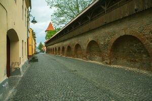 medeltida gata med historisk byggnader i de hjärta av Rumänien. sibiu de östra europeisk citadell stad. resa i Europa foto