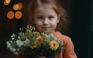 söt liten flicka med en skön bukett av blommor i henne händer ai generativ foto