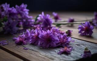 lila blommor på en trä- tabell med en mörk bakgrund ai generativ foto