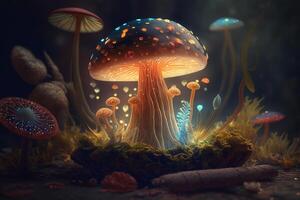 lysande fantastisk svamp i en mystisk natt skog, närbild. generativ ai foto