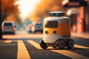 robot på fotgängare korsning på väg i stad. robot service, framtida teknik. generativ ai foto