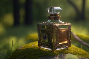 parfym i dekorerad flaska stående i skog på mossa utomhus. eco vänlig naturlig doft begrepp. illustration skapas förbi generativ ai foto