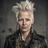 ai genererad porträtt medelålders punk- kvinna med vit hår och läder jacka foto