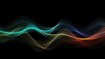 abstrakt bakgrund med färgrik vågig rader strömmande. vågform effekt för audio, volym eller utjämnare vibration mall på mörk bakgrund. horisontell illustration för baner design. generativ ai. foto