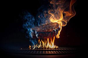 biff är matlagning på en grill med lågor i de backgroung av de grill, generativ ai foto