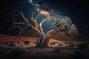 en torr träd i de mitten av de öken- på de bakgrund av de galax, generativ ai foto