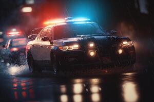 polis bil patrullera med blå röd blottare och serena körning i stad på regnig natt. generativ ai illustration foto