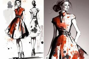 mode kläder, sommar kvinnors klänning på modell skiss illustration. generativ ai foto