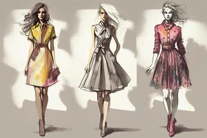 hög mode och Kläder stil, uppsättning av sommar kvinnors klänning på modeller skiss illustration. generativ ai foto