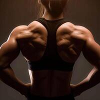 Bakom de scener av en kvinna kroppsbyggare som visar av henne tillbaka muskler.generativ ai foto