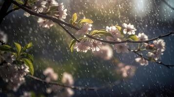 regnig solig dag, vår träd blommor, skön landskap Foto. ai genererad foto