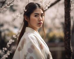 skön asiatisk kvinna med lång och hetero hår bär en färgrik kimono, ser allvarlig, stående i en bakgrund av körsbär blomma träd. ai genererad foto