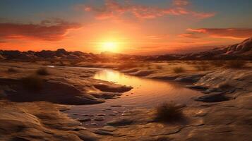 landskap av en solnedgång över öken. natur fotografi. ai genererad foto