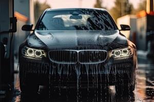 bil tvättning serier rengöring de bil med hög tryck vatten. generativ ai foto