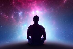 en man mediterar under en galax himmel. ai genererad foto