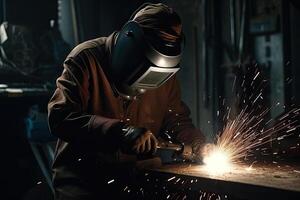 industriell arbetstagare med skyddande mask svetsning stål strukturera i en fabrik. generativ ai foto