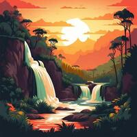 vattenfall i tropisk skog solnedgång illustration ai genererad foto