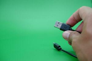 hand innehav uSB typ en till uSB mikro b kabel- isolerat på grön bakgrund. foto