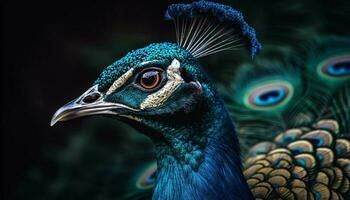 majestätisk påfågel visas vibrerande mång färgad elegans genererad förbi ai foto