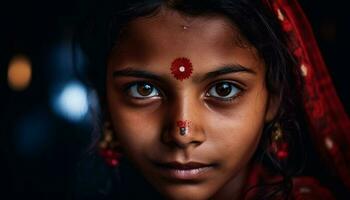 leende ung indisk flicka utstrålar skönhet och lycka genererad förbi ai foto
