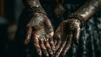 elegant henna tatuering dekorerar ung brud hand genererad förbi ai foto