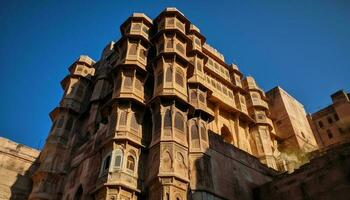 gammal sandsten monument, utsmyckad Fasad, hindu andlighet genererad förbi ai foto