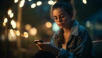 ung kvinna textning på smartphone i stad natt genererad förbi ai foto