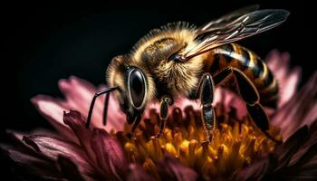 upptagen bi pollinerar blomma, samlar vaxkaka nektar genererad förbi ai foto