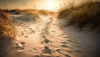gyllene sand dyn speglar lugn solnedgång skönhet genererad förbi ai foto