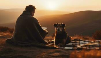 män och hund omfamning natur skönhet på solnedgång genererad förbi ai foto