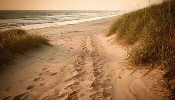 lugn solnedgång över idyllisk sand sanddyner genererad förbi ai foto