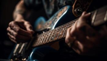 caucasian gitarrist plockning akustisk gitarr strängar stänga upp genererad förbi ai foto