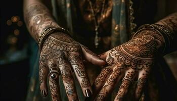 elegant henna tatuering dekorerar ung brud hand genererad förbi ai foto