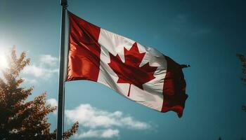 kanadensisk flagga vinka i de sommar himmel genererad förbi ai foto