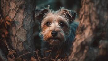 en söt terrier valp Sammanträde i natur, ser på kamera generativ ai foto