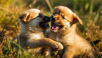 renrasig retriever och fluffig pomeranian spelar i natur äng generativ ai foto