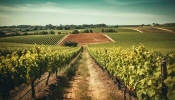Sol kysste vingårdar avkastning färsk vindruvor för chianti vinframställning industri generativ ai foto
