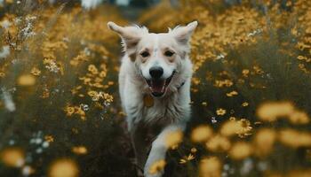 en lekfull terrier valp kör genom de höst äng generativ ai foto