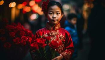 en glad firande av kinesisk kultur med leende kvinnor utomhus generativ ai foto