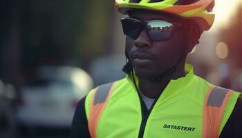 afrikansk amerikan man cykling med förtroende i de stad, främja friska livsstil generativ ai foto