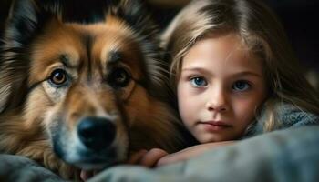 leende caucasian flicka omfamnar lekfull shetland sheepdog för ren hund lycka generativ ai foto